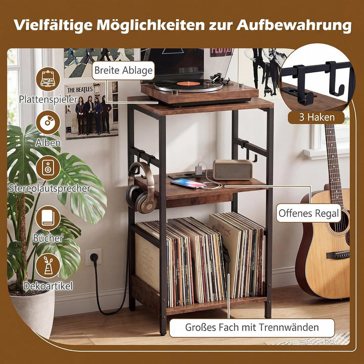 COSTWAY Plattenspieler Ständer mit Ladestation, Schallplattenregal mit 3 Haken und Aufbewahrungsfach