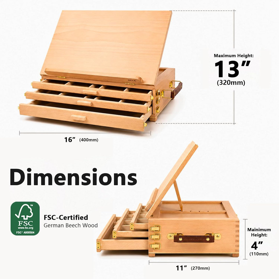 DJAR Tischstaffelei Holz mit 3 Schublade, Tisch-Skizzenbox aus Buchenholz, tragbare Künstler-Staffel