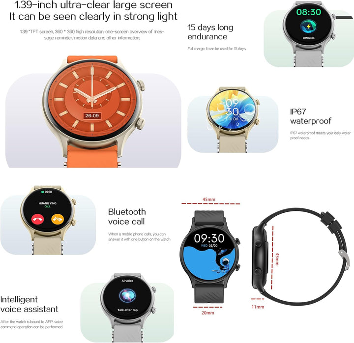 ZPIMY Smartwatch Herren Damen mit Telefonfunktion, 1,39” AMOLED 5ATM wasserdichte Fitnessuhr mit Tas