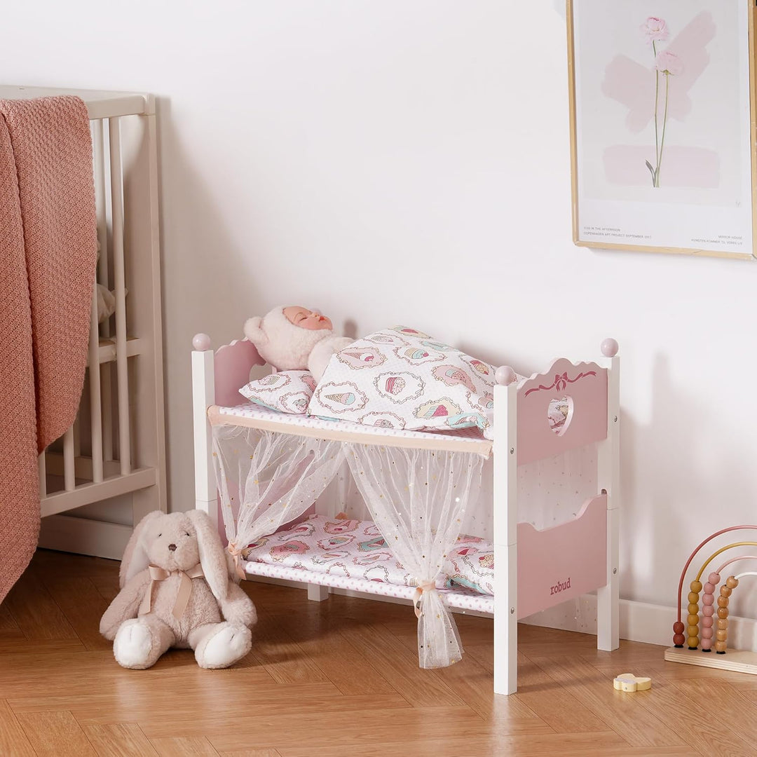 ROBUD Holzpuppen-Etagenbett, 2-in-1-Convertible Puppenbett mit Bettwäsche, Baldachin Vorhänge &amp; Herz
