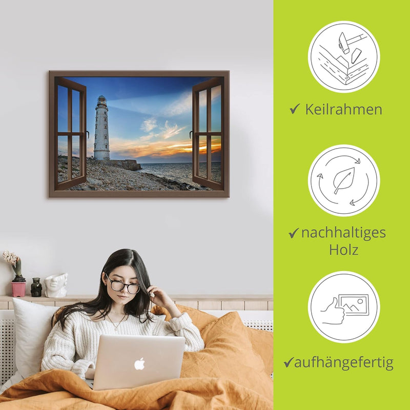 ARTland Leinwandbilder Wandbild Bild Leinwand 100x70 cm Strand Meer Leuchtturm Küste Sonnenuntergang