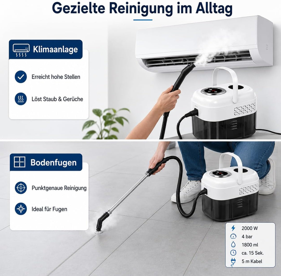 1500W Dampfreiniger Handgerät mit 1,8 L Wassertank, 6-Stufen | Hochdruck Dampfstrahlreiniger mit, Di