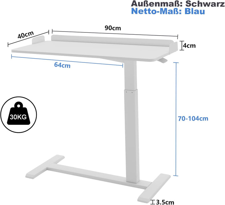 PUNCIA 90 x 40 cm Überbett-Tisch Stehpult höhenverstellbar mit Rollen