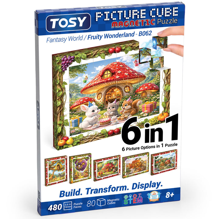 TOSY Picture Cube Fruity Wonderland: 6-in-1 magnetisches Bilderpuzzle, 80 Blöcke, 488 Flächen/Magnet