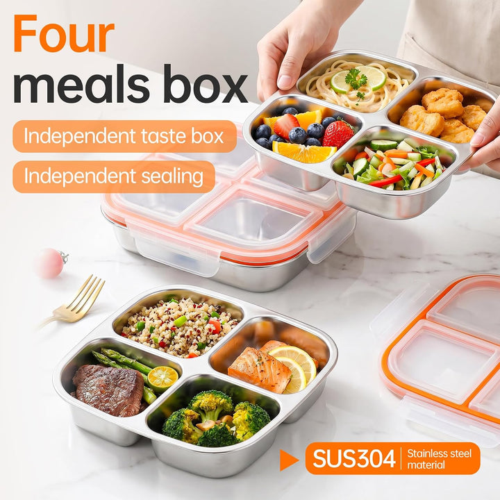 CSYY 2 Stück Edelstahl Snackboxen, 4 Fächern Lunchbox Wiederverwendbare Snack Behälter Leckdichte Be