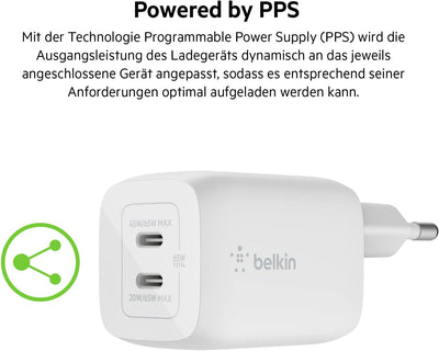 Belkin 65-W-USB-C-Ladegerät mit 2 Ports und USB-C/C-Kabel, Schnellladen mit Power Delivery3.0 und Ga