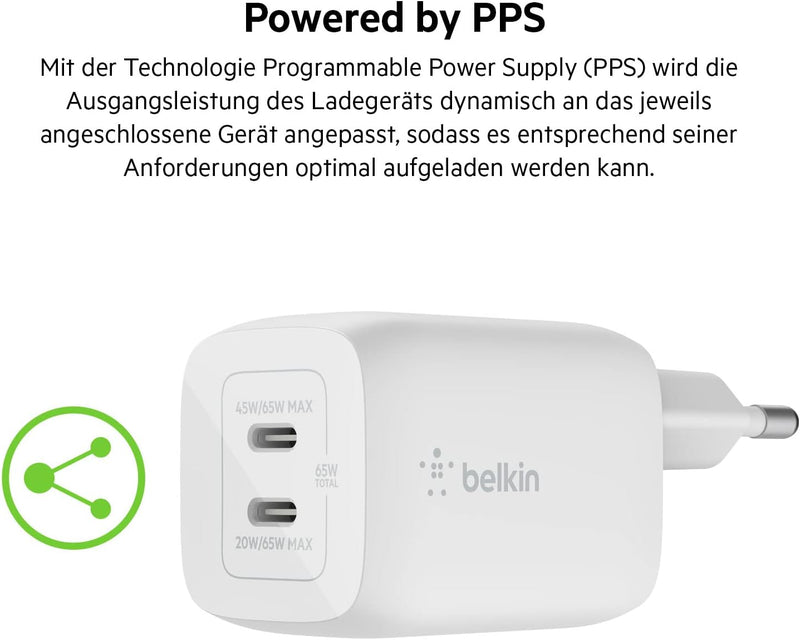 Belkin 65-W-USB-C-Ladegerät mit 2 Ports und USB-C/C-Kabel, Schnellladen mit Power Delivery3.0 und Ga