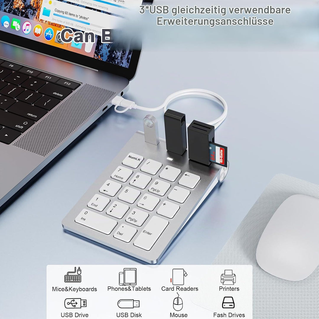 Ziffernblock mit USB A/USB C, Multifunktionstasten Nummernblock mit 3 zusätzlichen USB 2.0-Anschlüss
