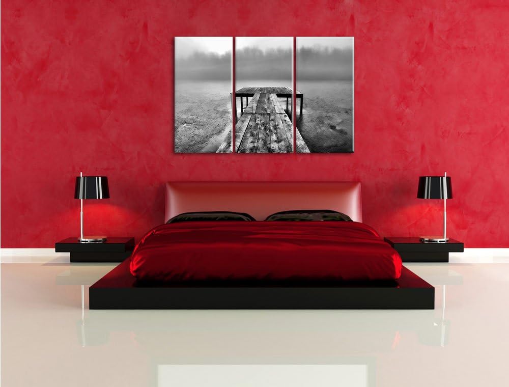 Pixxprint Steg am See Nebel / 3-Teilig/Gesamtmass 120cm Leinwandbild bespannt auf Holzrahmen/Wandbil