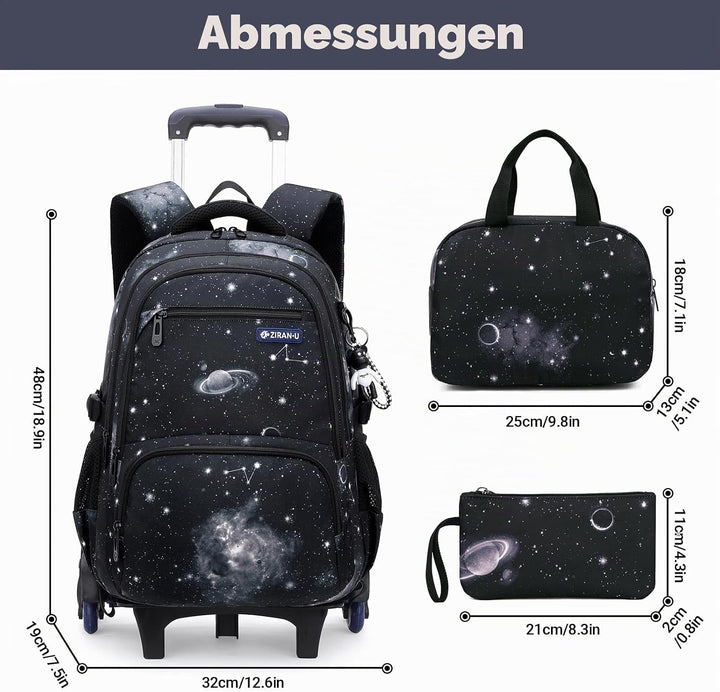Amythe Schulrucksack Trolley für Jungen Teenager Rucksack mit Rollen 3-teilig mit Lunchtasche Federm