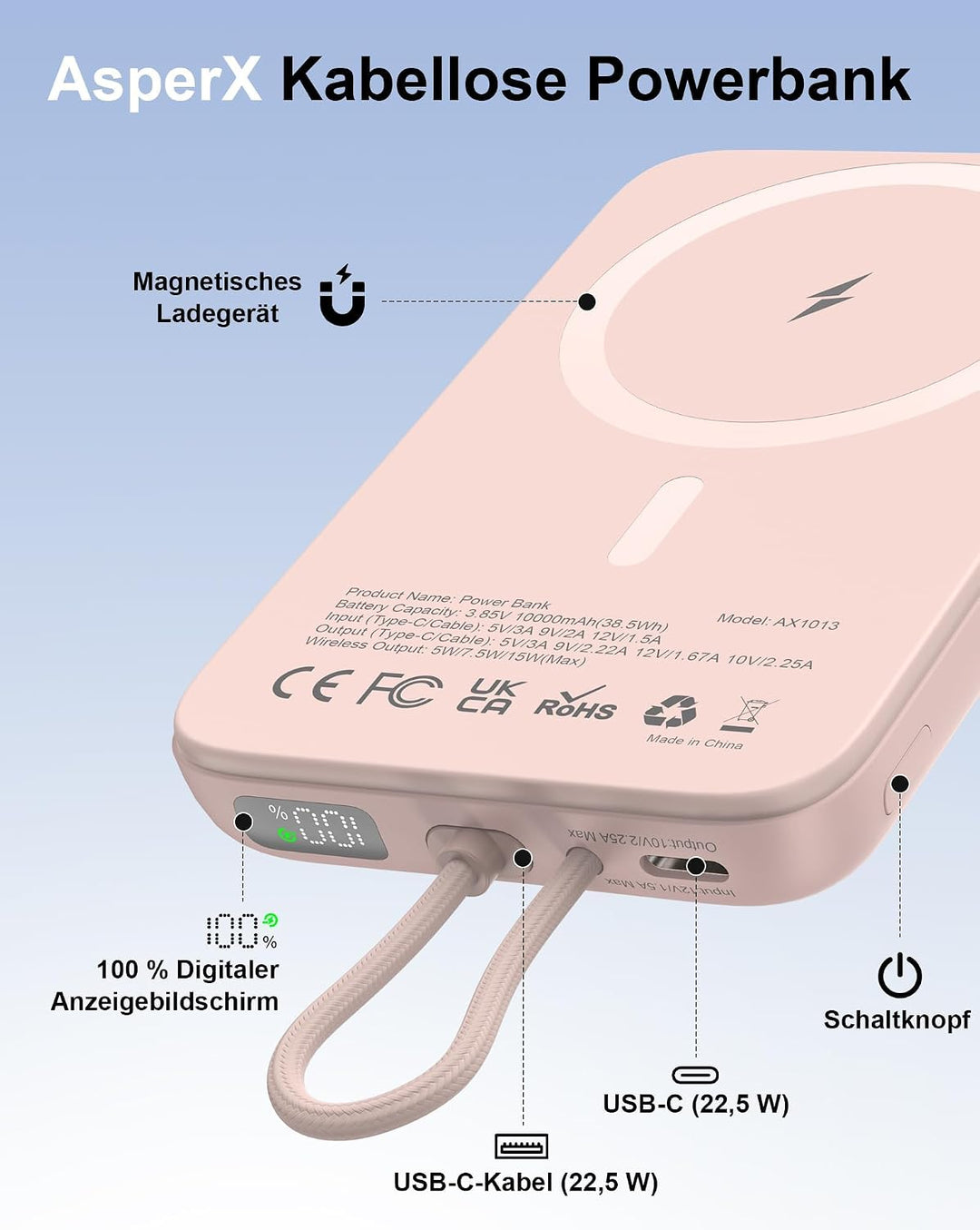 AsperX PD 22.5W 10000mAh Magnetische Powerbank für MagSafe | Mit USB-C Kabel,LED-Display,Portable Sl