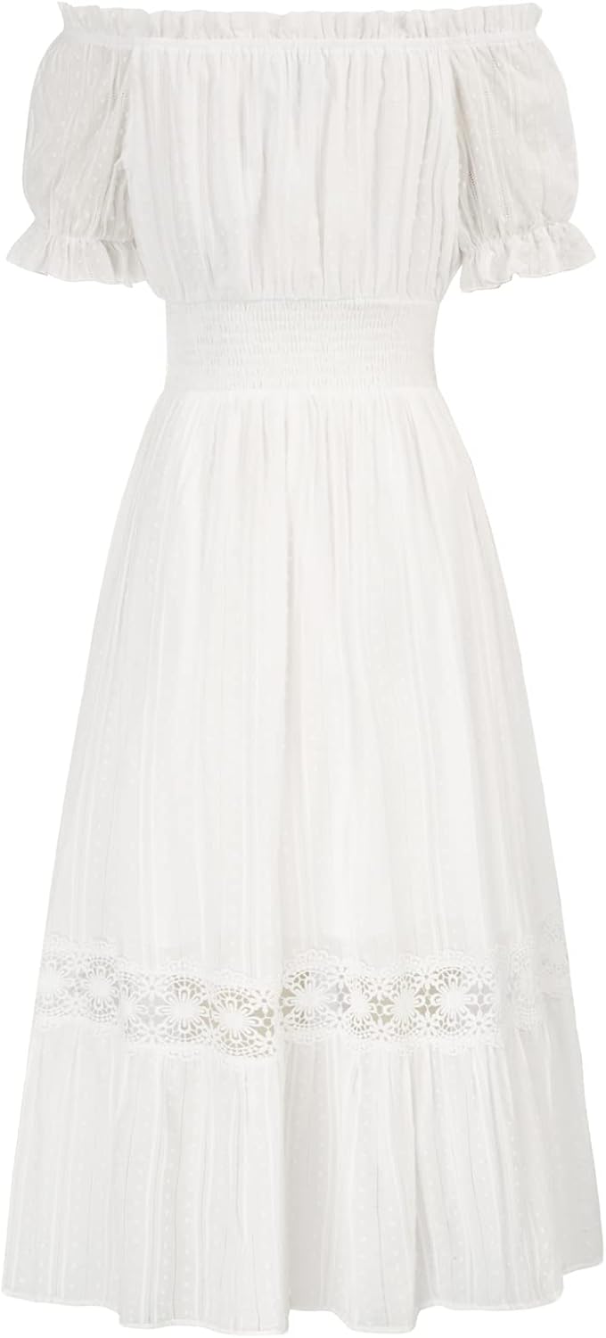 SCARLET DARKNESS Damen Renaissance Kleider Schulterfrei Puffärmel Gesmokte Taille Baumwollkleid M Be