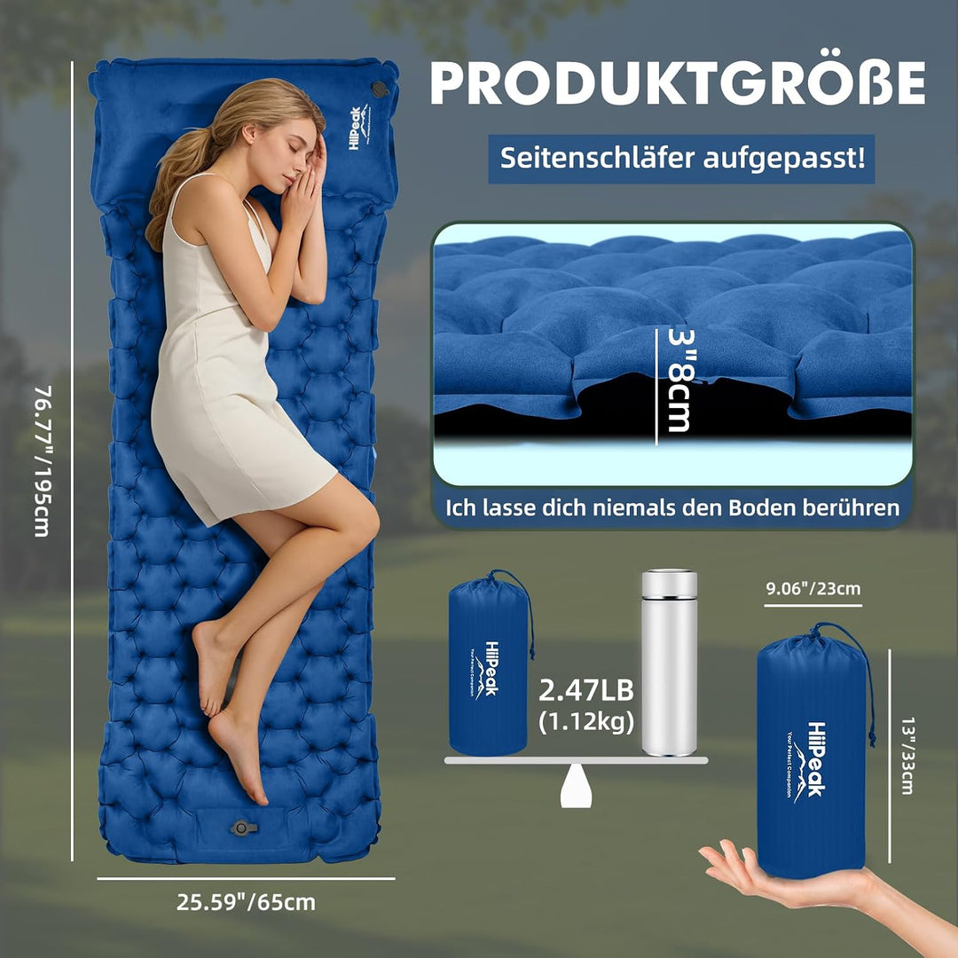 HiiPeak Isomatte – Suede Aufblasbare Camping matratze mit Integriertem Kopfkissen, Wasserdicht Luftm