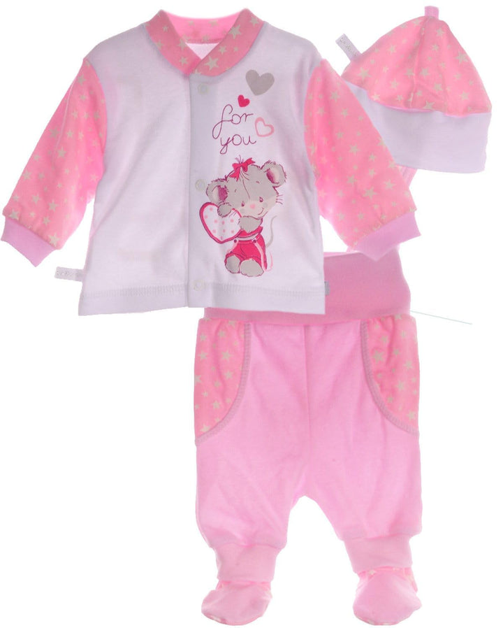 Baby Anzug 3-teilig Langarmshirt Schlupfhose Mütze mit Mäuschen Motiv Set für Mädchen weiche Baumwol