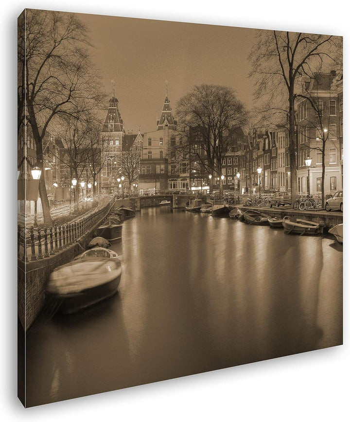 deyoli Kanal in Amsterdam bei Nacht Format: 60x60 Effekt: Sepia als Leinwandbild, Motiv auf Echtholz
