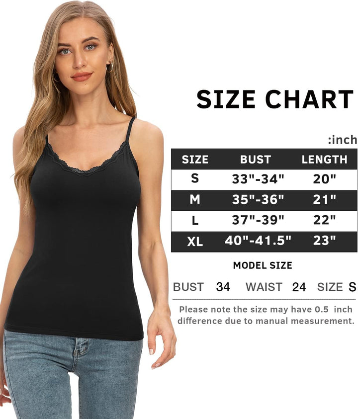 Damen Tanktop mit Spitzen Unterhemd Spaghettiträger Basic Top V-Ausschnitt Verstellbare Trägertop 4e
