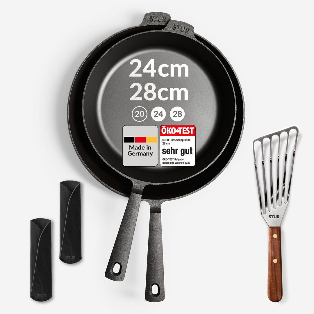 STUR - ORIGINAL PREMIUM-Set Gusseisenpfanne Induktion 24cm &amp; 28cm inkl. 2x Echtleder Griffschutz, Pf