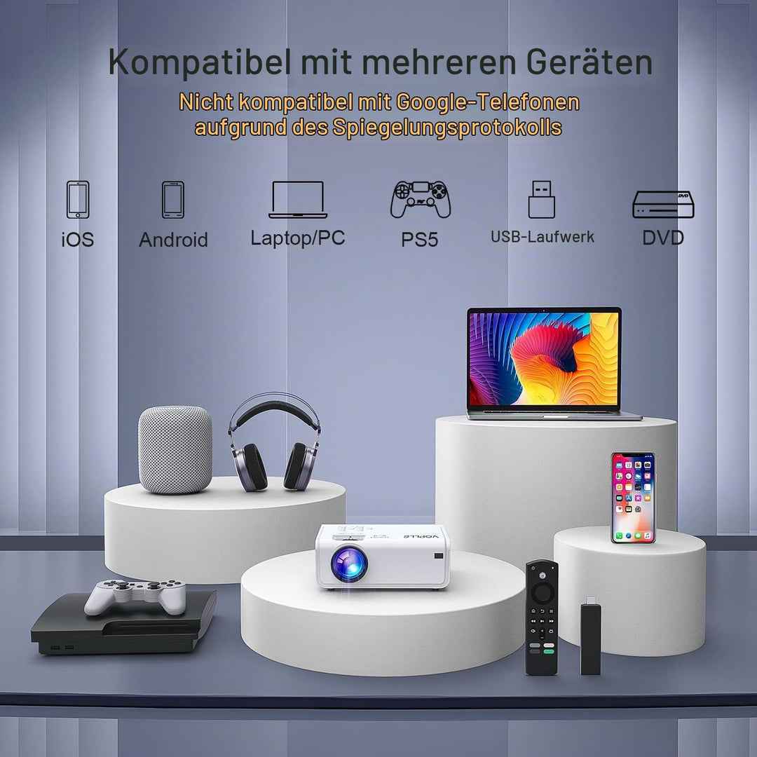 Smart Beamer【Elektrische Keystone 6D/4P】 VOPLLS Elektrische Fokus 24000 Lumen Beamer 4K Unterstützt,