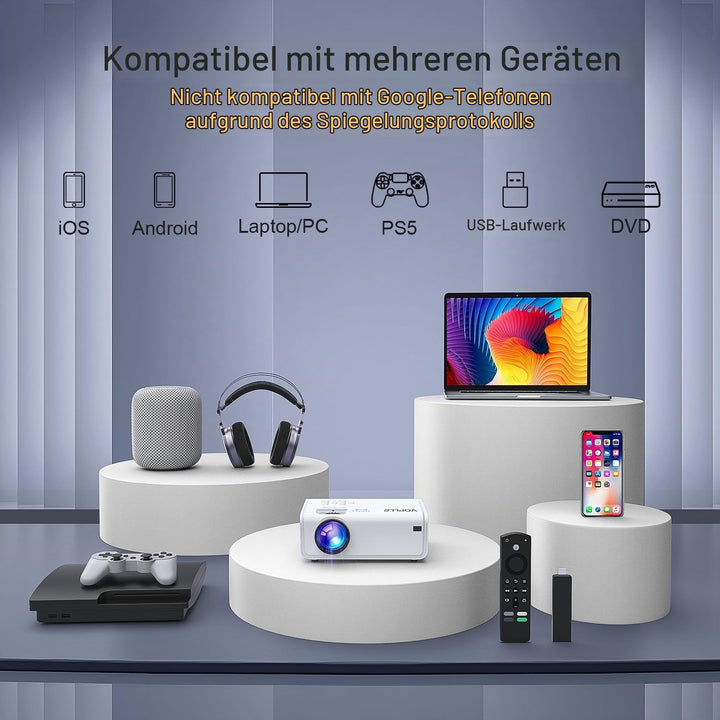 Smart Beamer【Elektrische Keystone 6D/4P】 VOPLLS Elektrische Fokus 24000 Lumen Beamer 4K Unterstützt,