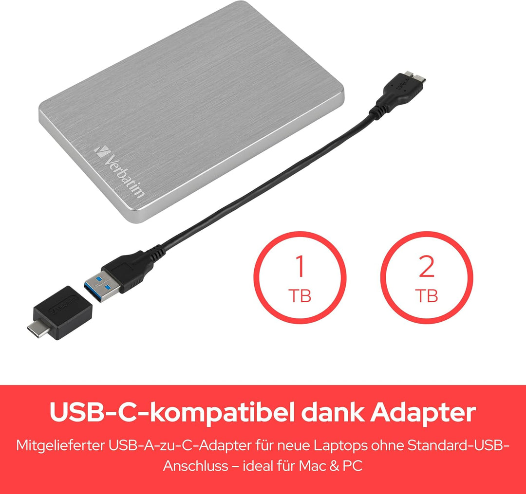 Verbatim Store 'n' Go ALU Slim, 1 TB, Silber, Externe Festplatte, USB 3.2 GEN 1, Festplatte extern a