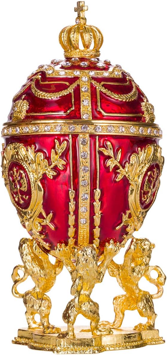 Fabergé-Stil Ei/Schmuckkästchen mit Löwen 15,5 cm rot