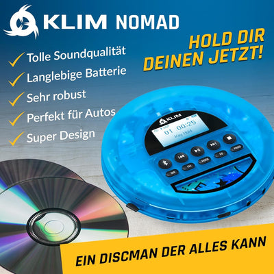 KLIM Nomad CD Player Bluetooth - Tragbarer CD-Player Discman mit langlebigem Akku - Inklusive Kopfhö