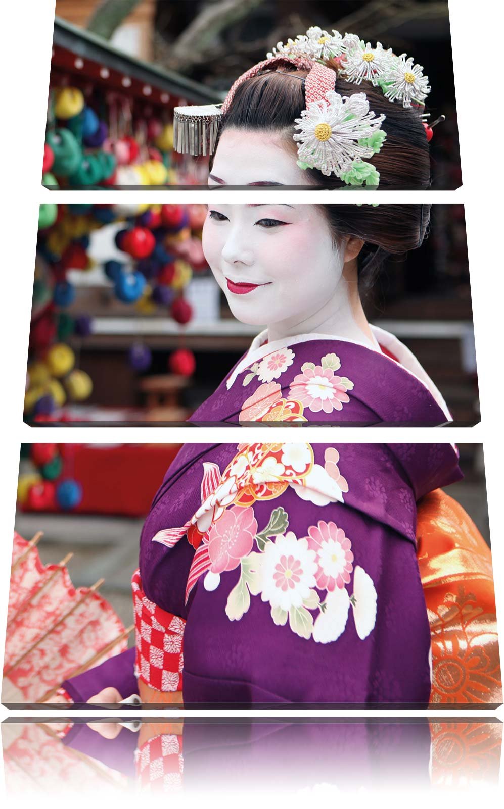 Pixxprint Anmutige Geisha mit Fächer 3-Teiler Leinwandbild 120x80 Bild auf Leinwand