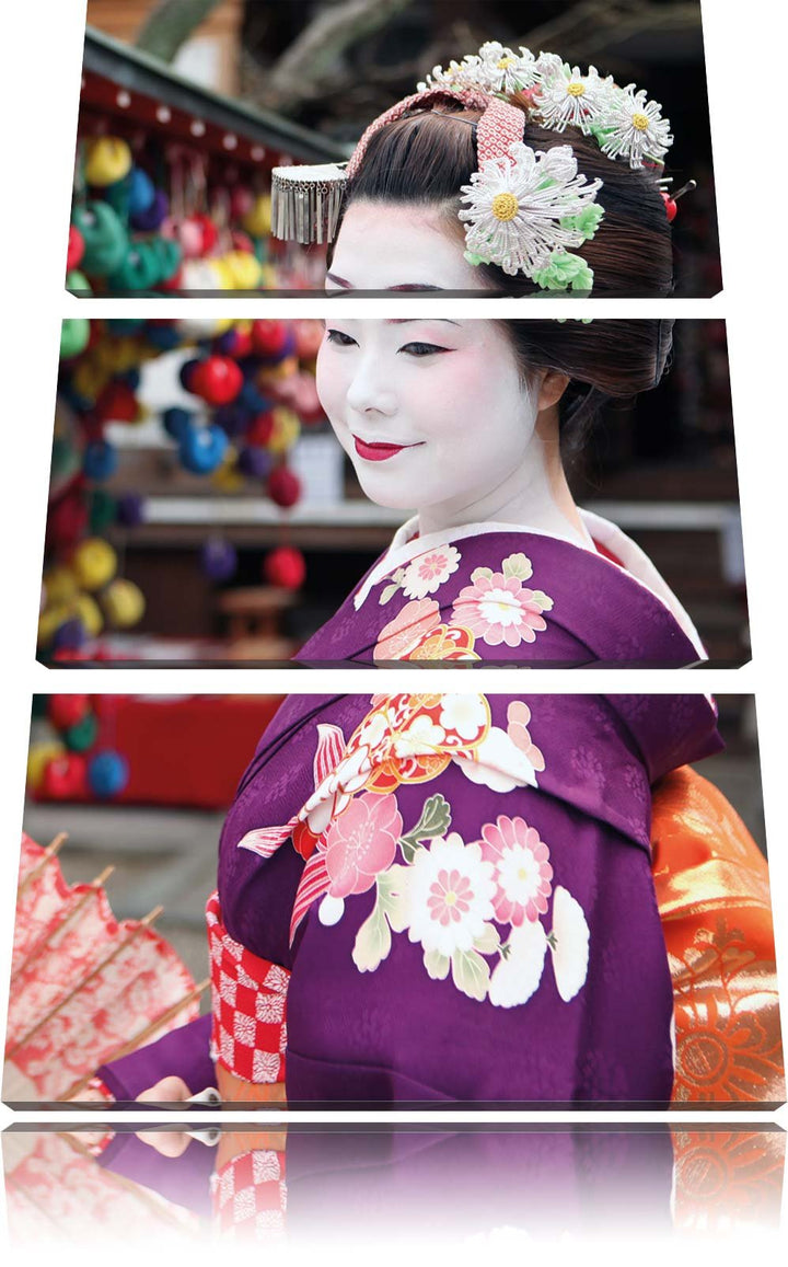 Pixxprint Anmutige Geisha mit Fächer 3-Teiler Leinwandbild 120x80 Bild auf Leinwand