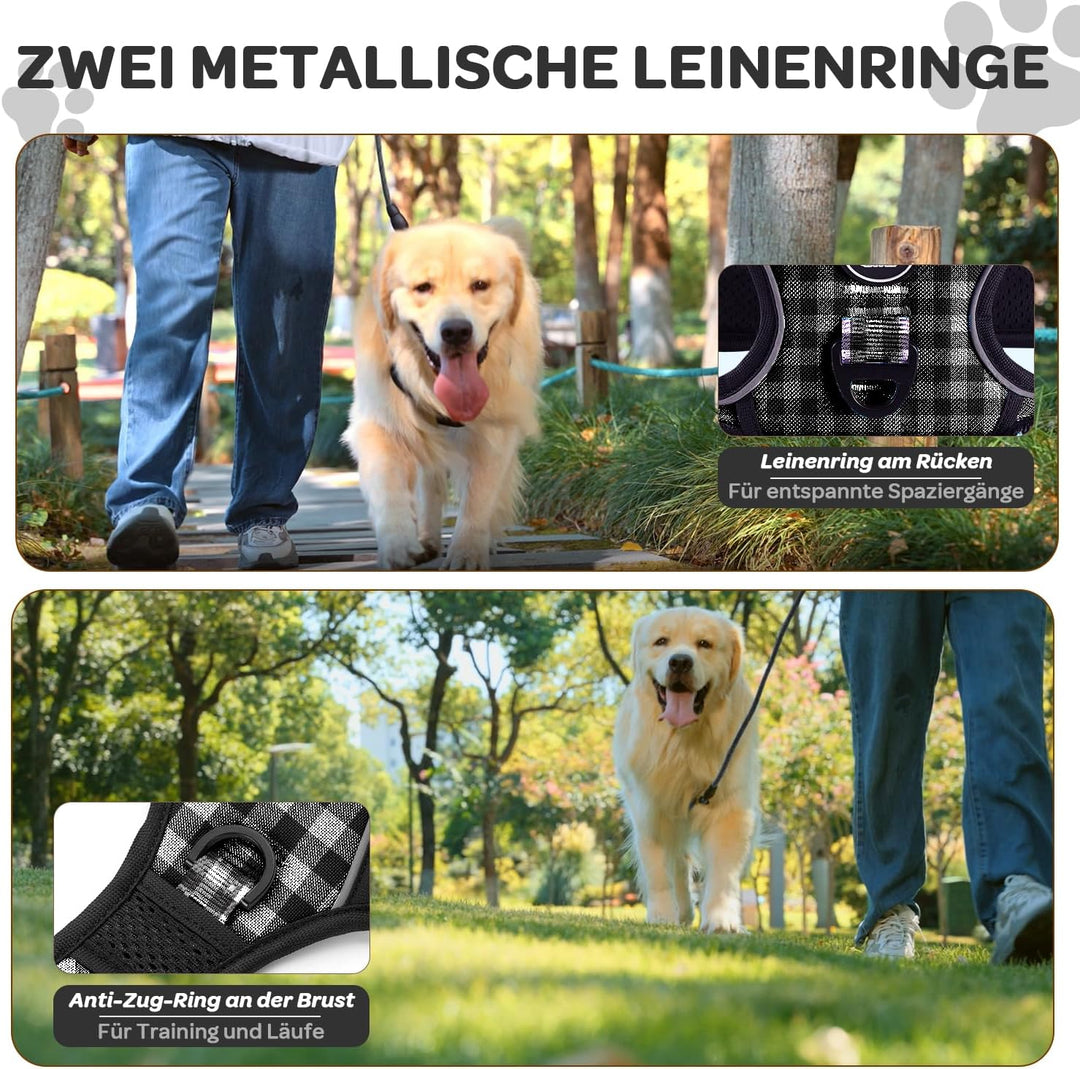 Furryfection Zugfreies Hundegeschirr Reflektierend Plaid Schwarz Grösse S | Strapazierfähiges Oxford
