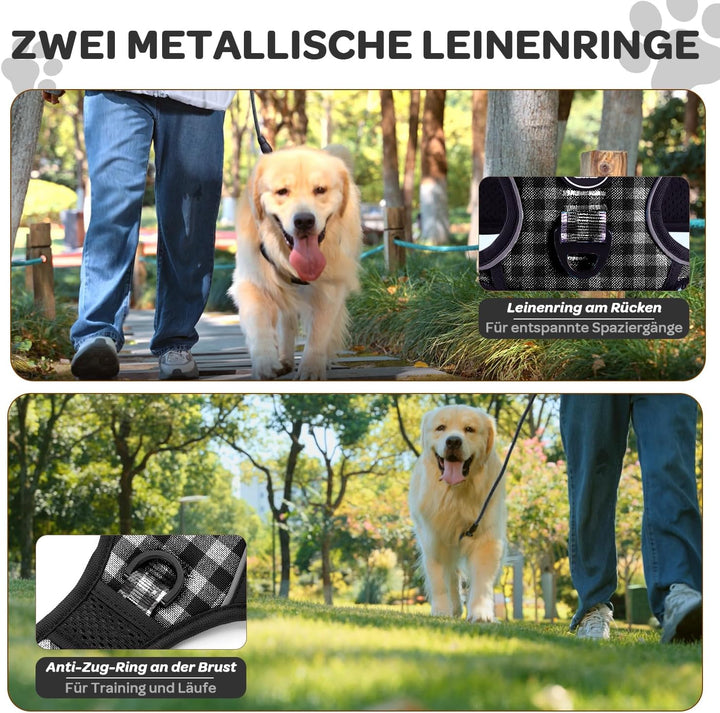 Furryfection Zugfreies Hundegeschirr Reflektierend Plaid Schwarz Grösse S | Strapazierfähiges Oxford