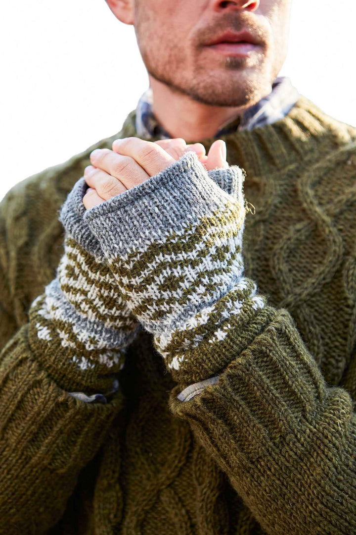 Pachamama Herren-Handwärmer aus Wolle, mit Fleece gefüttert, handgestrickt, Fairisle, Einheitsgrösse