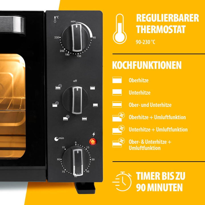 Tristar Heissluftofen, 27L Kapazität, 1500W, 6 Heizarten, Umluftfunktion, 90 Min Timer, 90–230 °C Th