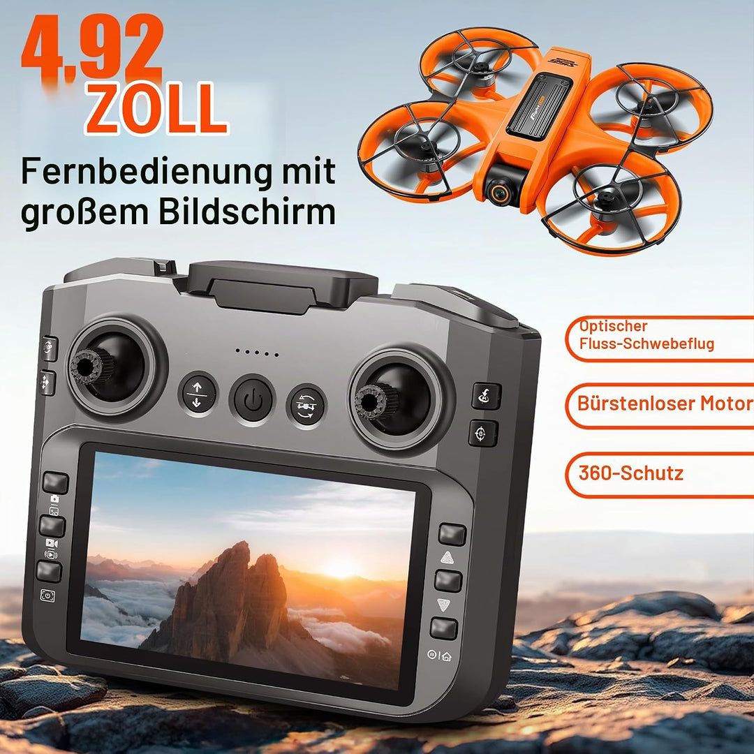 Drohne mit 4,9-Zoll-Bildschirm-Fernbedienung, HD-Dual-Kamera, bürstenlosem Motor, 360° Flips, optisc