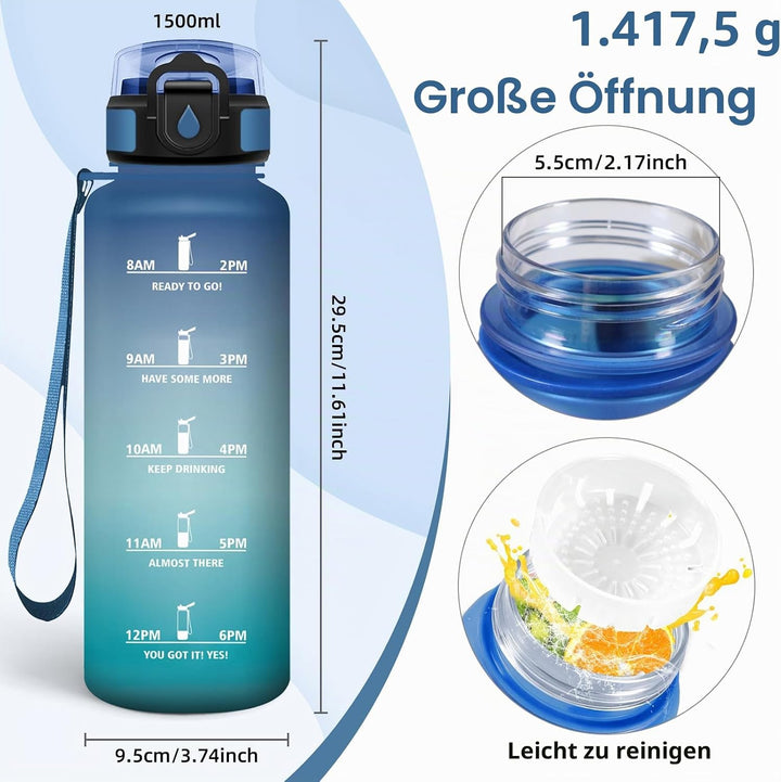 HoneyHolly Trinkflasche 1500ML, Sportflasche mit Filter, Wasserflasche, Auslaufsicher mit Zeitmarkie