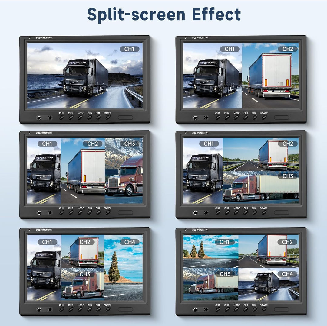 Podofo Rückfahrkamera Kabel mit Monitor 9’’ 4 Kameras Set 1/2/3/4 Geteilter Bildschirm IP68 wasserdi