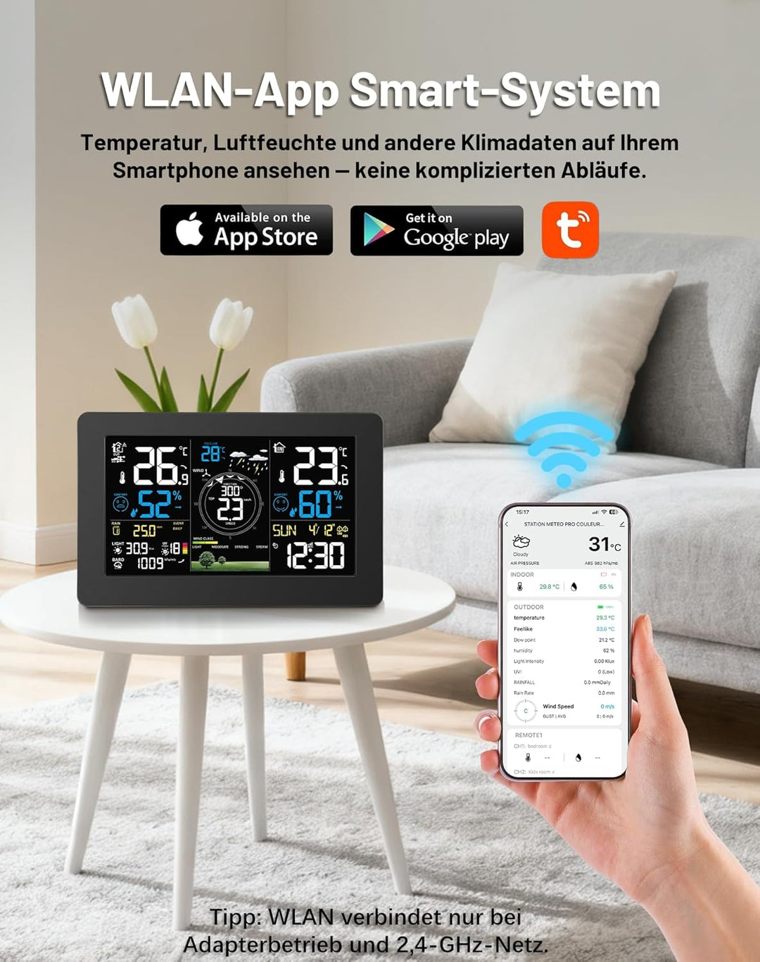 WLAN Wetterstation mit Aussensensor, 11-in-1 Profi Funkwetterstation mit Windgeschwindigkeit Windric