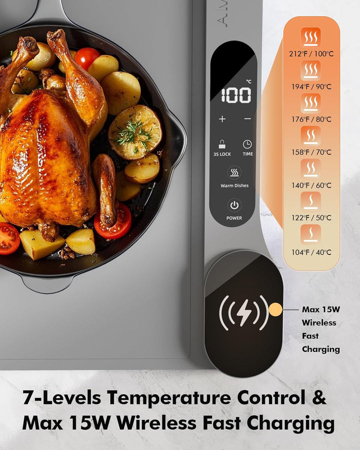 Neue Warmhaltematte für Speisen mit Kabelloser Ladefunktion, 7 Einstellbare Temperaturen & 8 Stunden