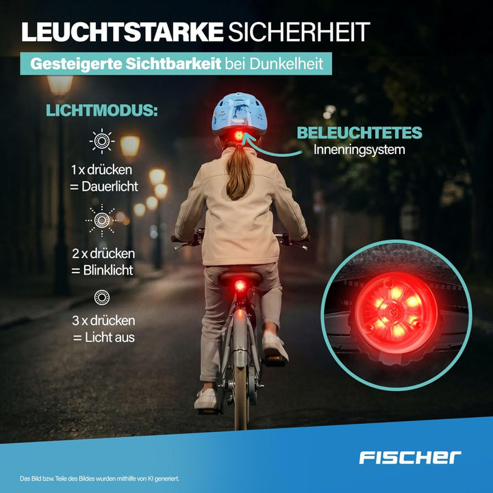 FISCHER Kinder-Helm, Fahrradhelm, Jugendhelm mit integriertem LED-Rücklicht, XS/S, 48-54cm Delfin, D