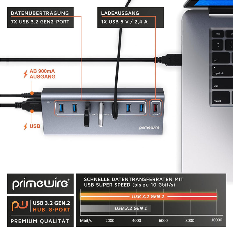 CSL - USB 3.0 Hub aktiv – 10 GBit/s - 8 Port - 8 x USB 3.2 Gen2, Davon 1x USB Ladeport smart Charge