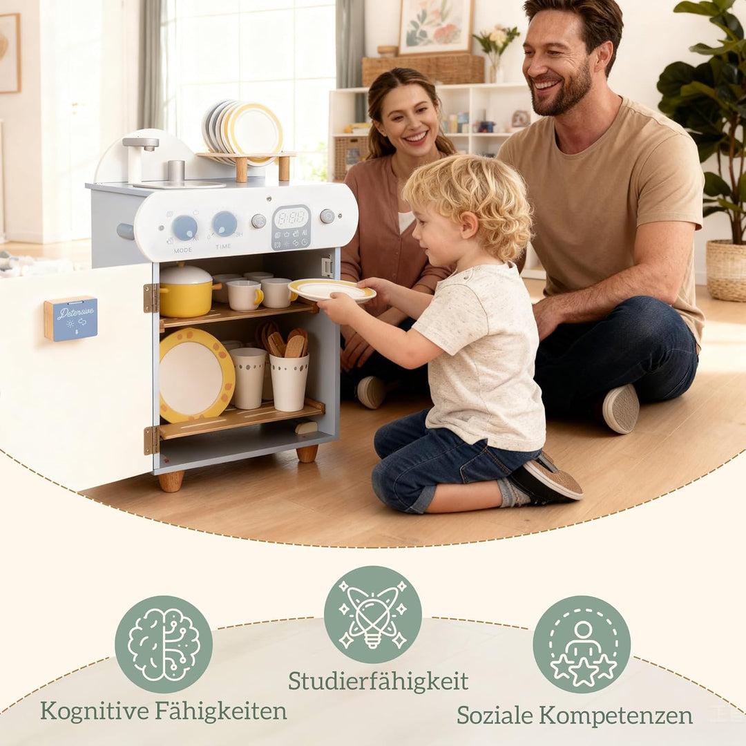 AIYAPLAY Kinderküche aus Holz Spielküche mit Wasserhahn Spüle und Zubehör Holzgeschirrspüler für Kin