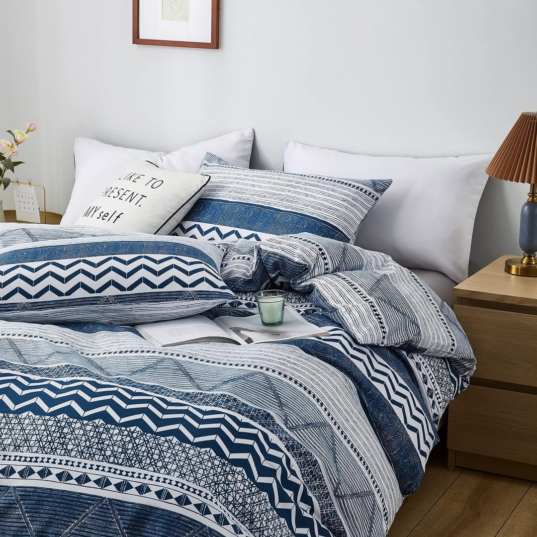 Damier Bettwäsche 135x200 Blau Weiss Geometrisch Gestreift Muster Bettbezug Set Microfaser Streifen