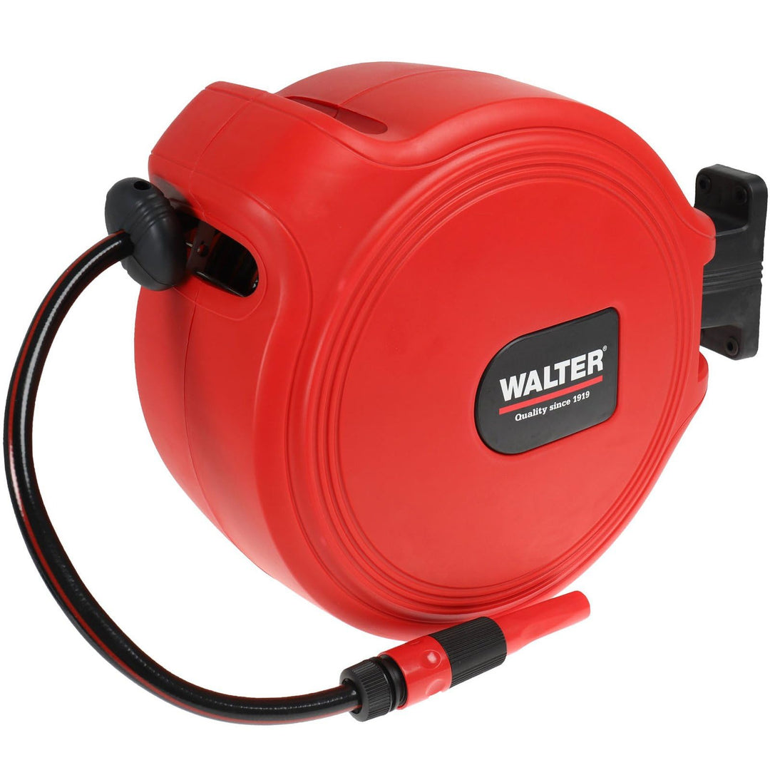 WALTER Schlauchaufroller: 20+2m PVC-Netzschlauch, automatischer Sicherheitsrückzug, 180° schwenkbare