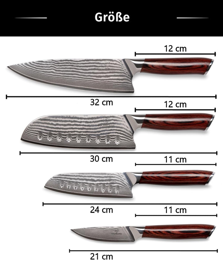 Wolfblood 4er Damastmesser Set (32, 30, 24 und 21 cm) TÜV geprüfter 62 HRC Damaststahl aus 67 Lagen