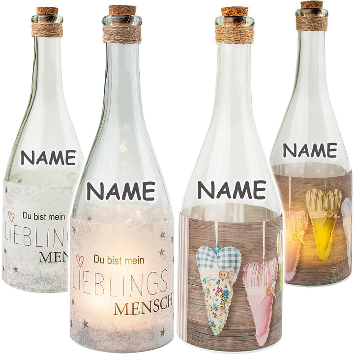 2 Stück Glas - Lichterflaschen Motiv wählbar LED Lichter Lieblingsmensch & Herzen - Liebe inkl. Name