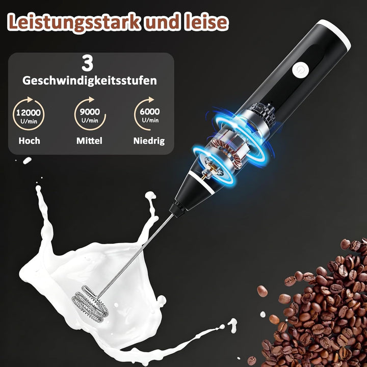 FITNATE Elektrischer Milchaufschäumer Stab, USB Handheld Milchschäumer Stab mit 3 Stufen, 2 Edelstah
