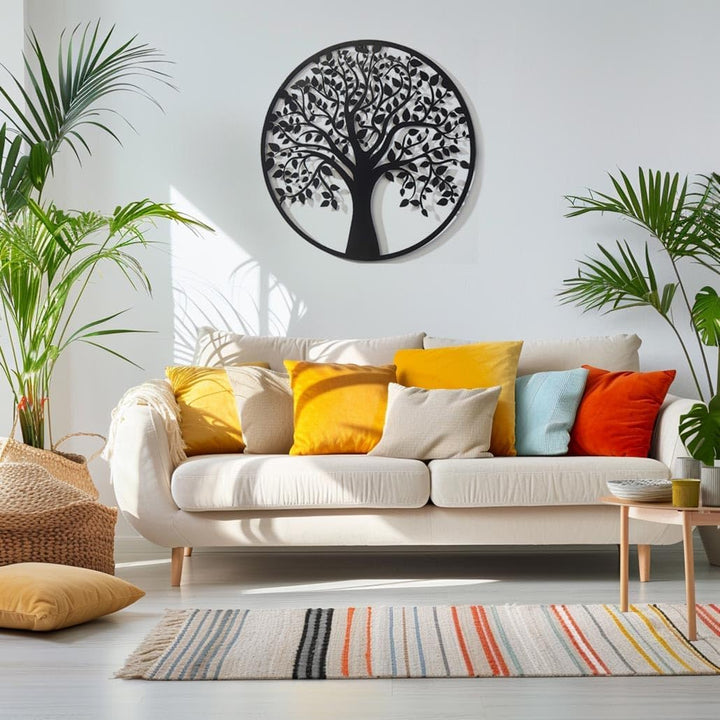 Kobolo Wandbild Wanddeko Metallbild - LIVING - Metall rund schwarz - Lebensbaum Baum - 60cm