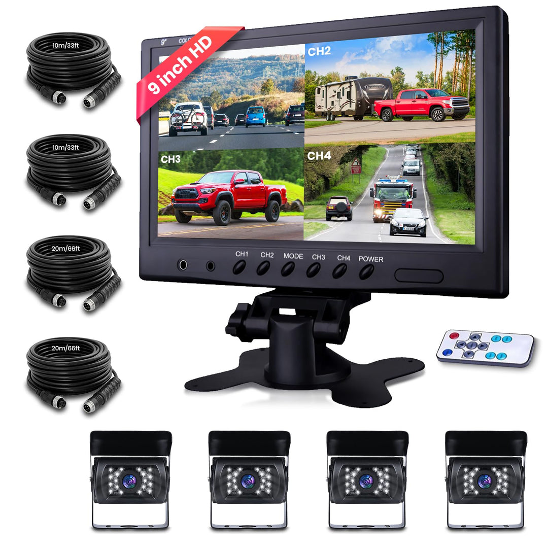 Podofo Rückfahrkamera Kabel mit Monitor 9’’ 4 Kameras Set 1/2/3/4 Geteilter Bildschirm IP68 wasserdi