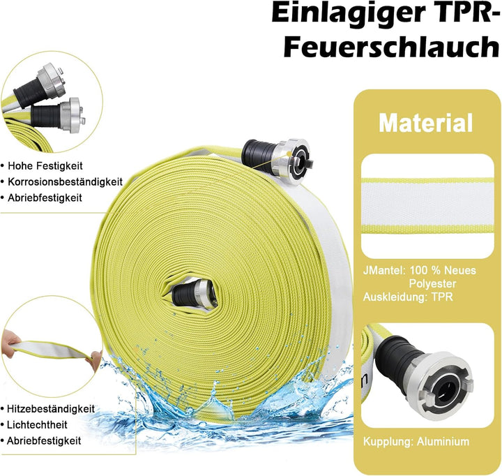 ZYfire Feuerwehrschlauch 52mm x 40m | 2 Zoll Feuerschlauch mit C-Storz Kupplung | flexibler Wassersc