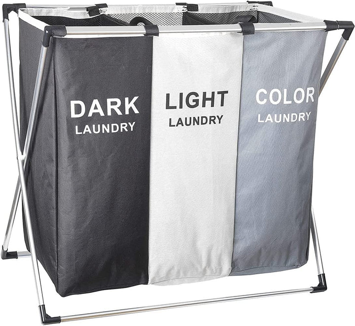 CNFQ Grosser Faltbarer Wäschekorb 3 Fächer mit Netz als Sichtschutz Schmutzwäschetasche mit Griff fü