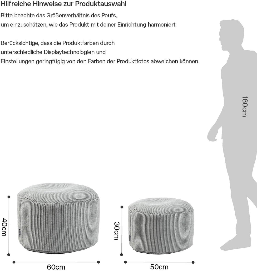 mokebo® Pouf, Hocker o. Sitzhocker aus Cord 40x60 cm 'Der Faule Lenz', Bodenkissen rund in Grau, Fus